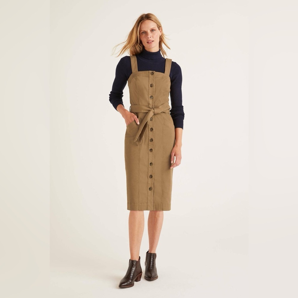 Boden Button Front Tie Waist Pinafore Midi Dress Khaki Tan Women’s Size 16